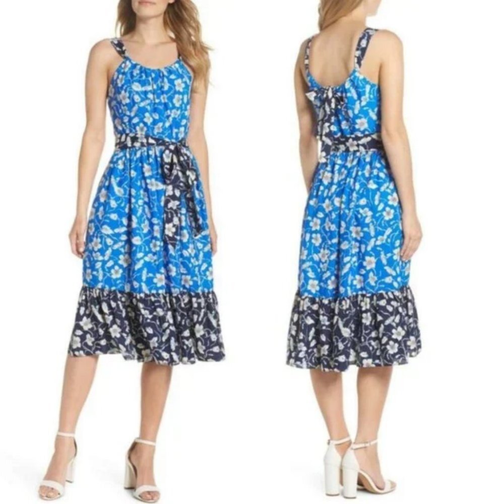NEW Eliza J Floral Bow Tie Back Midi Sundress Blue Size 4 Nordstrom Bohemian